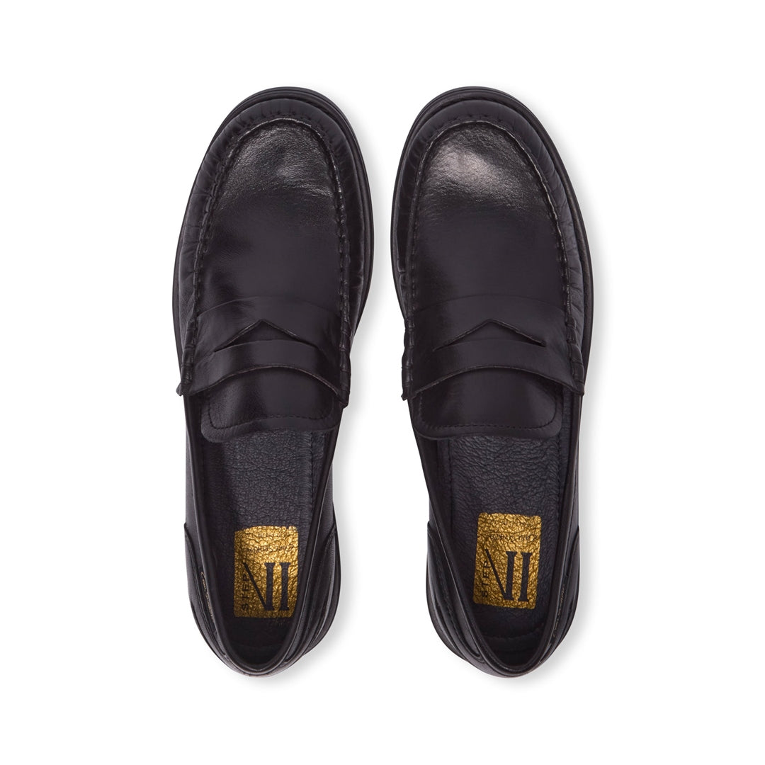 Centesimi Black Leather Penny Loafers