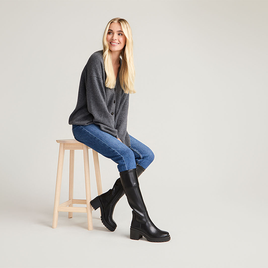 Donatela Black Leather Knee High Boots